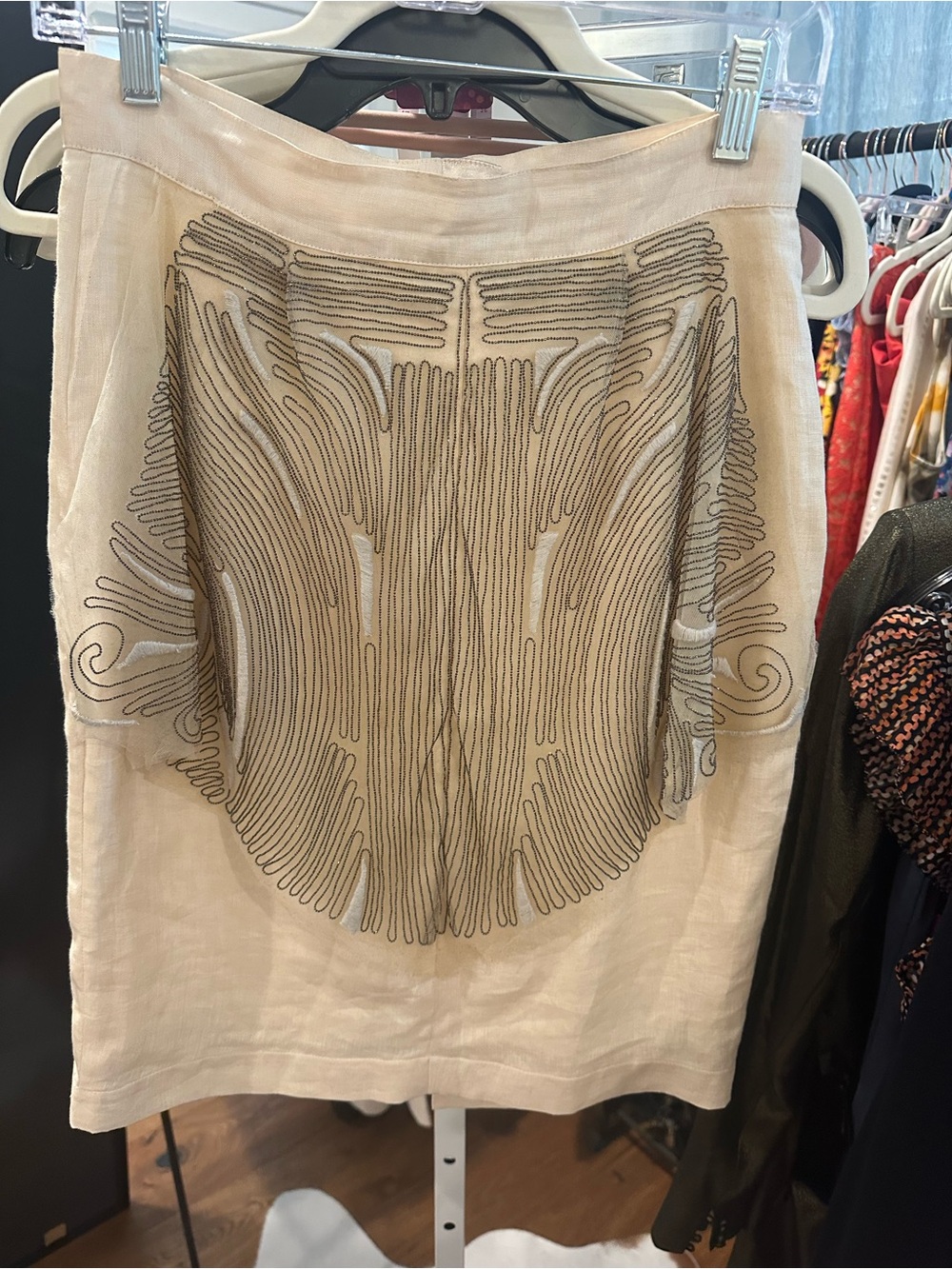 Fendi Cream Linen Pencil Skirt with sheer beaded overlay